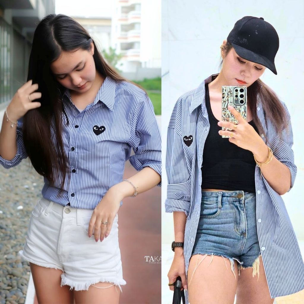 takayay brand เสื้อเชิ้ต กรมลายทางใจดำ 36-54 นิ้ว เสื้อเชิ้ตทำงาน ผ้าคอตตอนทวิล