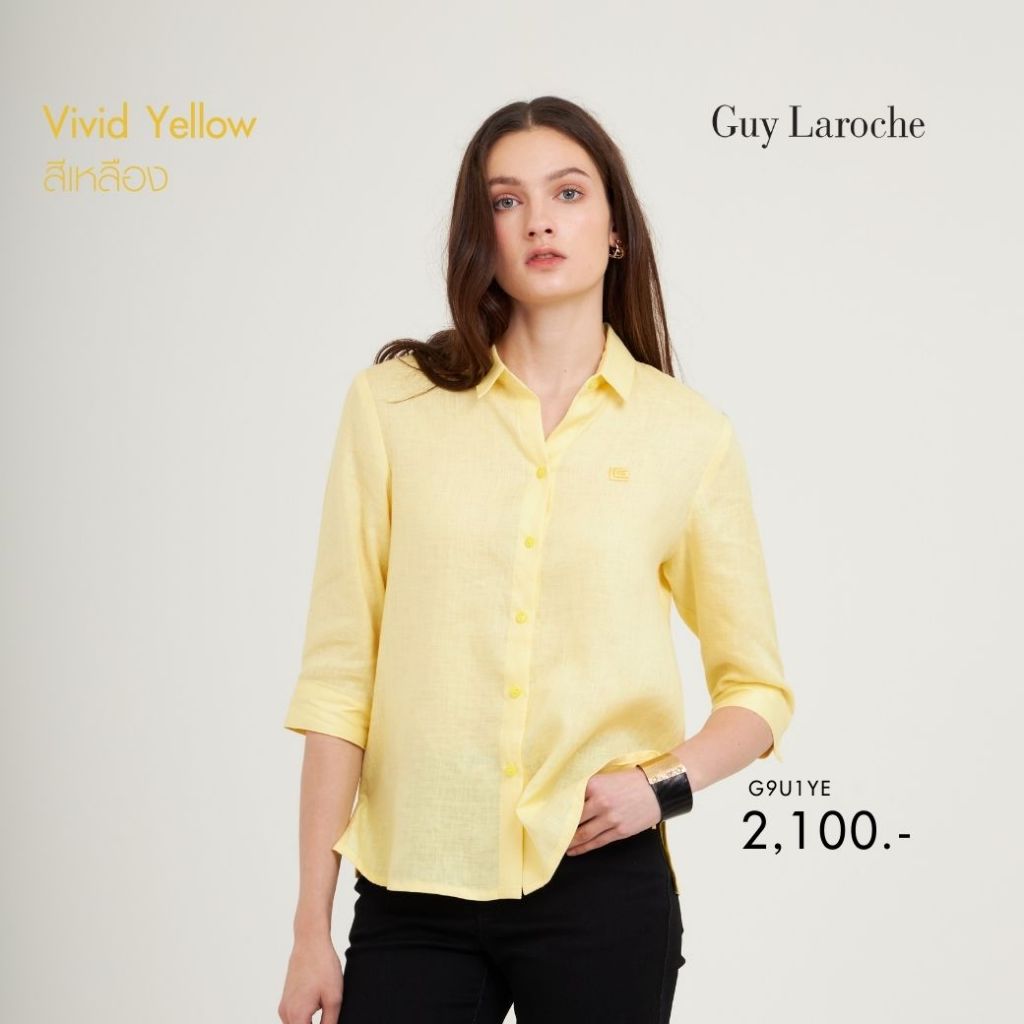 Guy laroche เสื้อเชิ้ตผู้หญิง Light Linen แขนสามส่วน สีเหลืองอ่อน G9U1YE