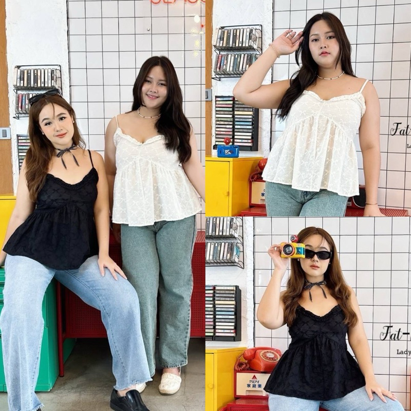 เสื้อสายเดี่ยว (ผ้าลูกไม้ลายโบว์) สายเดี่ยวสาวอวบ อก 38-48 นิ้ว plussize สายเดี่ยวแฟชั่น