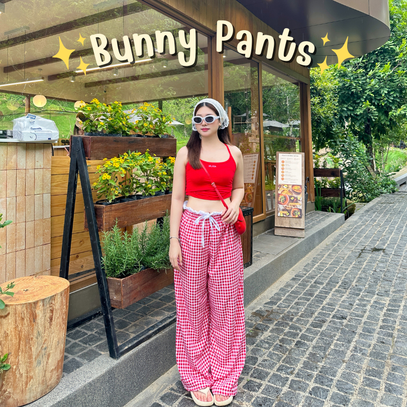 BUNNY PANTS กางเกงขายาวแต่งขอบเอว มีเชือกรูด สาวอวบใส่ได้ [มีของพร้องส่ง]