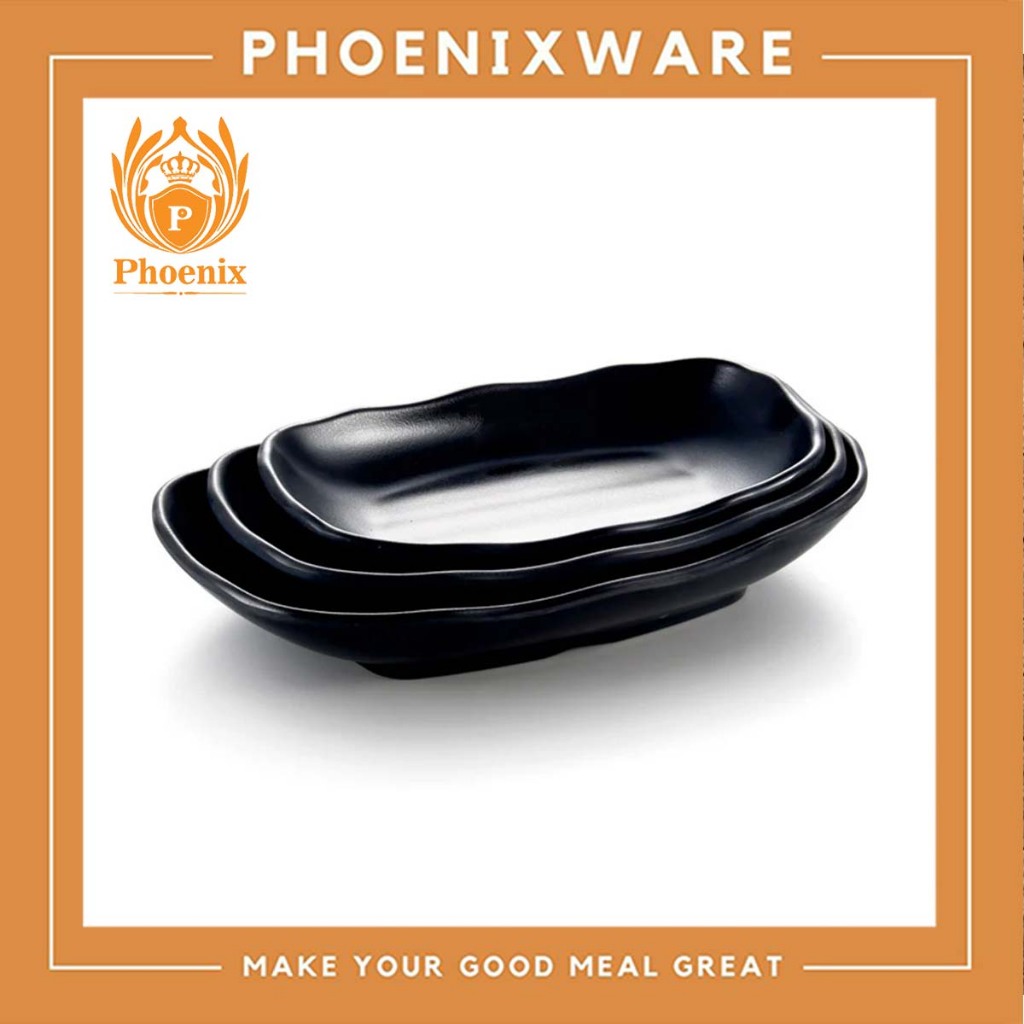 จานเปลผืนผ้า ขอบหยัก 8 นิ้ว, 10นิ้ว เมลามีน สีดำ  Phoenix F154708 F154710