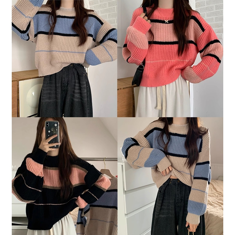 สีสวยมากๆ เสื้อถักไหมพรมแขนยาวคอกลม ลายทางสลับสี ทรงหลวม สไตล์เกาหลี
