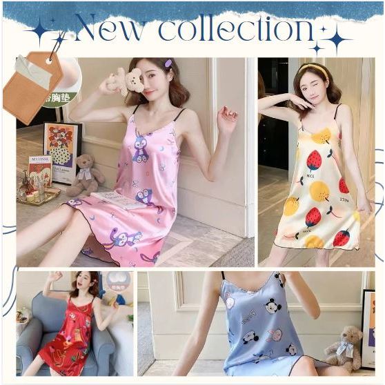 052 ชุดนอนกระโปรงสายเดี่ยว สไตล์เซ็กซี่ มีฟองน้ำ ชุดนอนผู้หญิง พร้อมส่ง