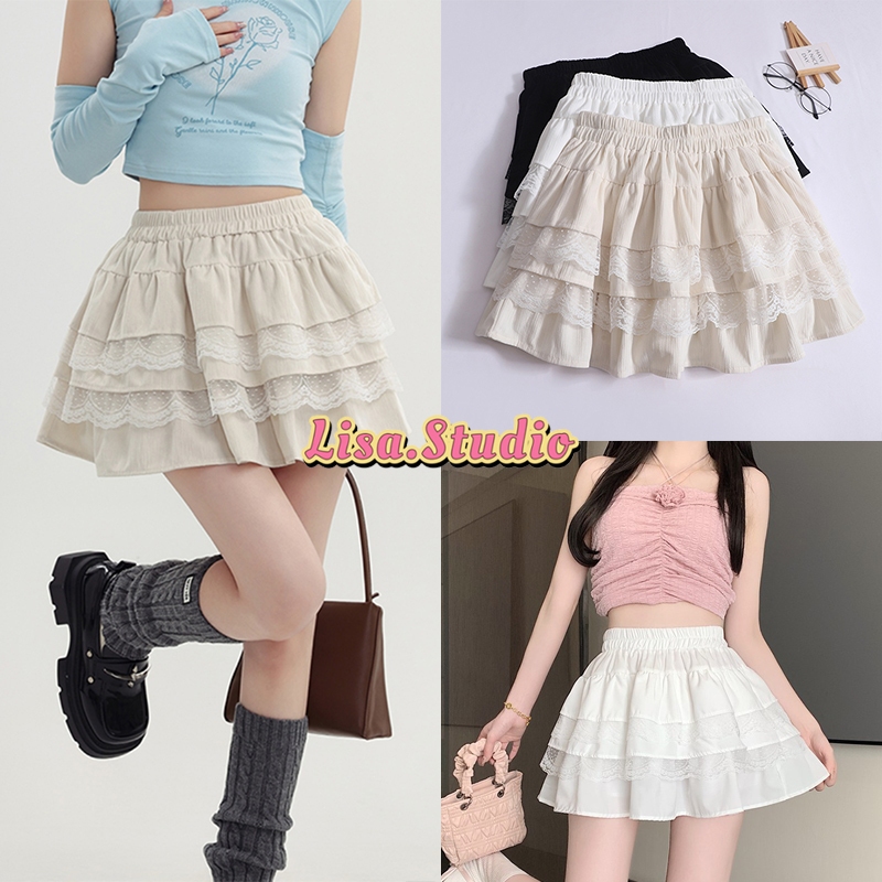 Lisa🌈พร้อมส่ง🦄กระโปรงลูกไม้ผู้หญิง🥨กระโปรงสั้น บัลเล่ต์ skirt มีซักใน เอวสม๊อก แต่งระบาย ใส่ไปทะเล ไปคาเฟ่ กำลังฮิตๆ