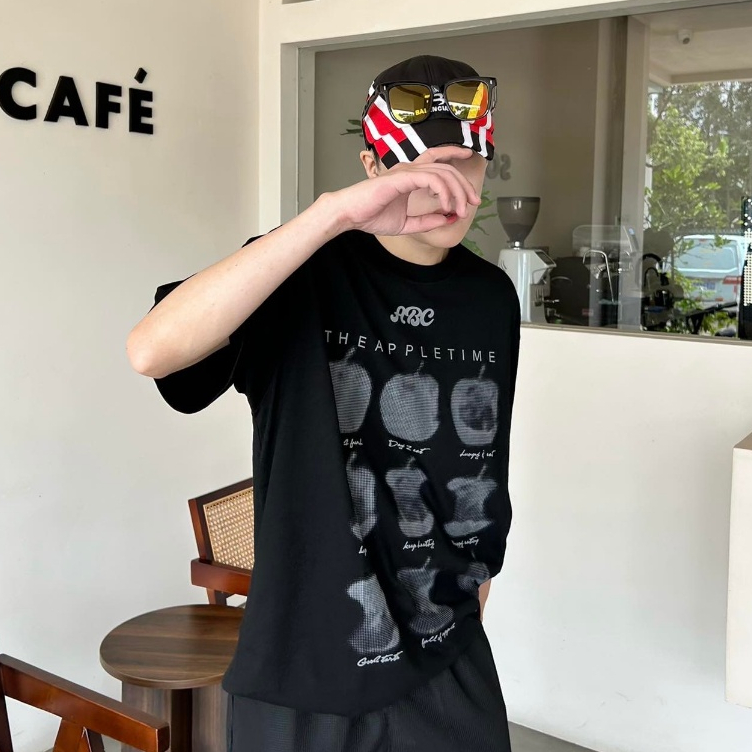 Y-T เสื้อยืดแขนสั้น ไม่หดตัว ย้อนยุคอเมริกัน สวมใส่สบาย ผ้าฝ้าย 100% คอกลม พิมพ์ "แอปเปิ้ล"