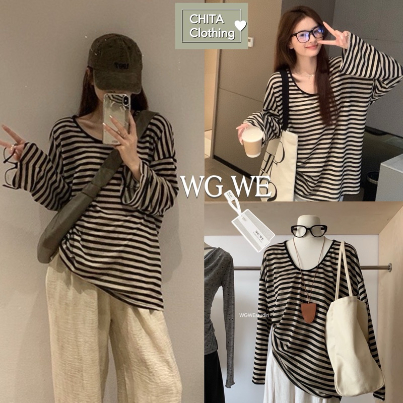9395#เสื้อแขนยาวคอกลมลายริ้ว เนื้อผ้าดี ทรงสวย TAG:WG.WE