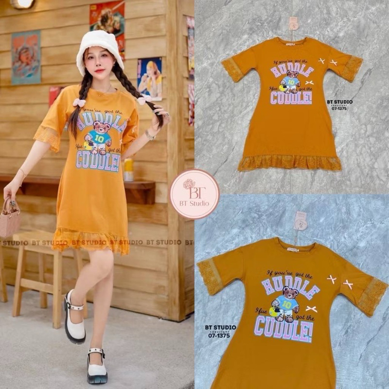 S M L มือ1 BT STUDIO มินิเดรสผ้ายืดคอกลม พิมพ์ลาย แต่งลูกไม้ชายและปลายแขน ใส่สวยน่ารักสุดๆ ป้าย BT S