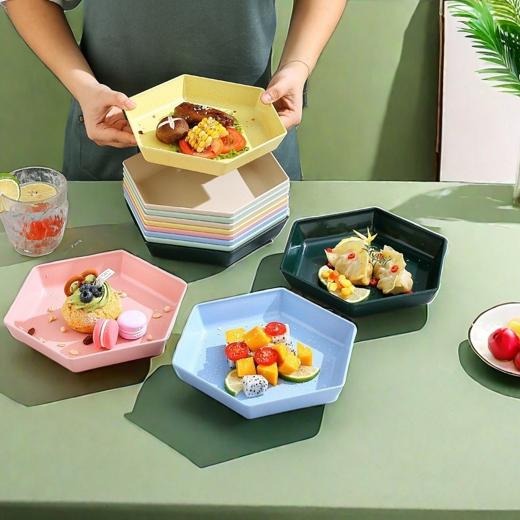 จาน จานฟางข้าวสาลี รูปทรง 6 เหลี่ยมขนาด 15ซม. ผลิตมาจากฟางข้าวสาลี สไตล์มินิมอล จานใส่อาหาร นำเข้าไมโครเวฟได้