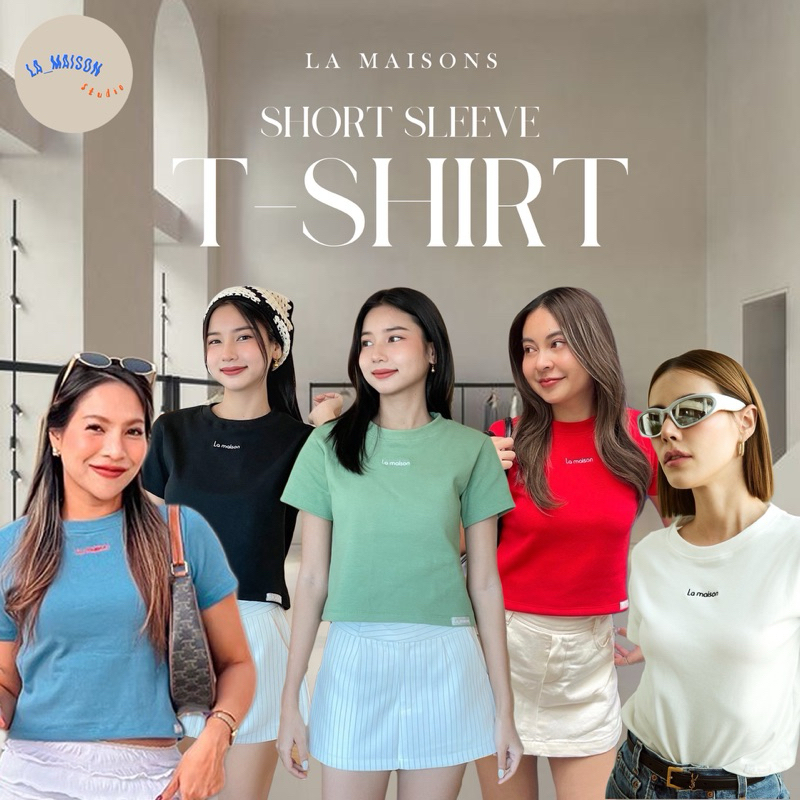 เสื้อครอปแขนสั้น เสื้อยืดผู้หญิง เสื้อครอปปักอกLa_maison แต่ละสีเนื้อผ้าต่างกัน