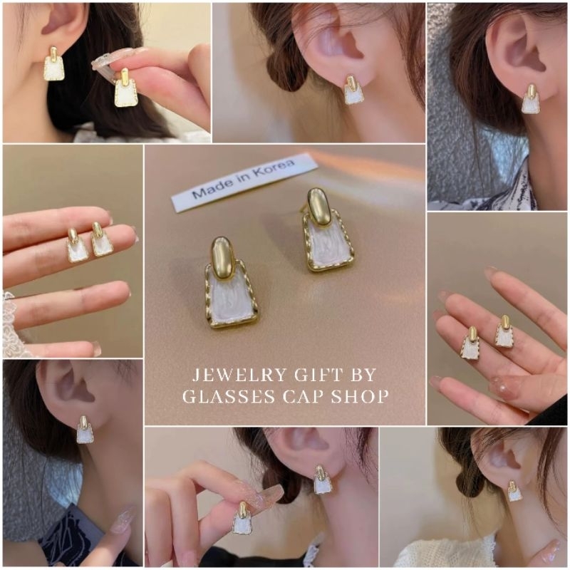 พร้อมส่ง EA9719 ต่างหูทรงสี่เหลี่ยม สีขาวมุก สไตล์มินิมอล [[ร้านไทย จัดส่งจากกรุงเทพ]]