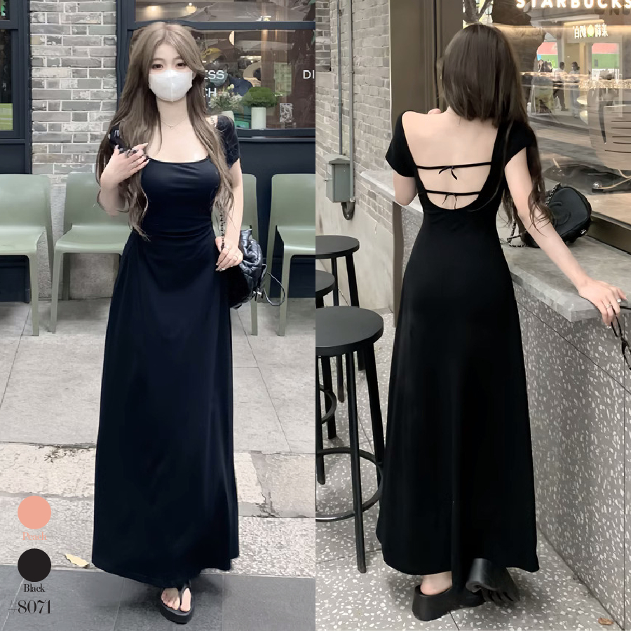 เดรสยาวสีดำ แขนสั้นคอยู ดีเทลโชว์หลัง แต่งสายคาด2เส้น ผูกโบว์เล็กๆน่ารัก ทรงพอดีตัวสไตล์เกาหลี #8071