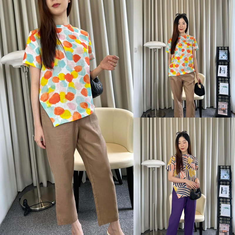 A3เสื้อลินินพิมพ์ลายคอกลมแต่งปลายเฉียงผ้าดีมากๆ