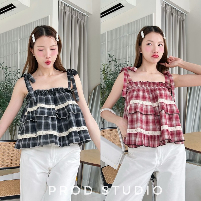 Mamildya.shop เสื้อสายเดี่ยว ผูกไหล่ ระบาย 2ชั้น/ O2-2/PROD-ฝ้ายสก๊อต