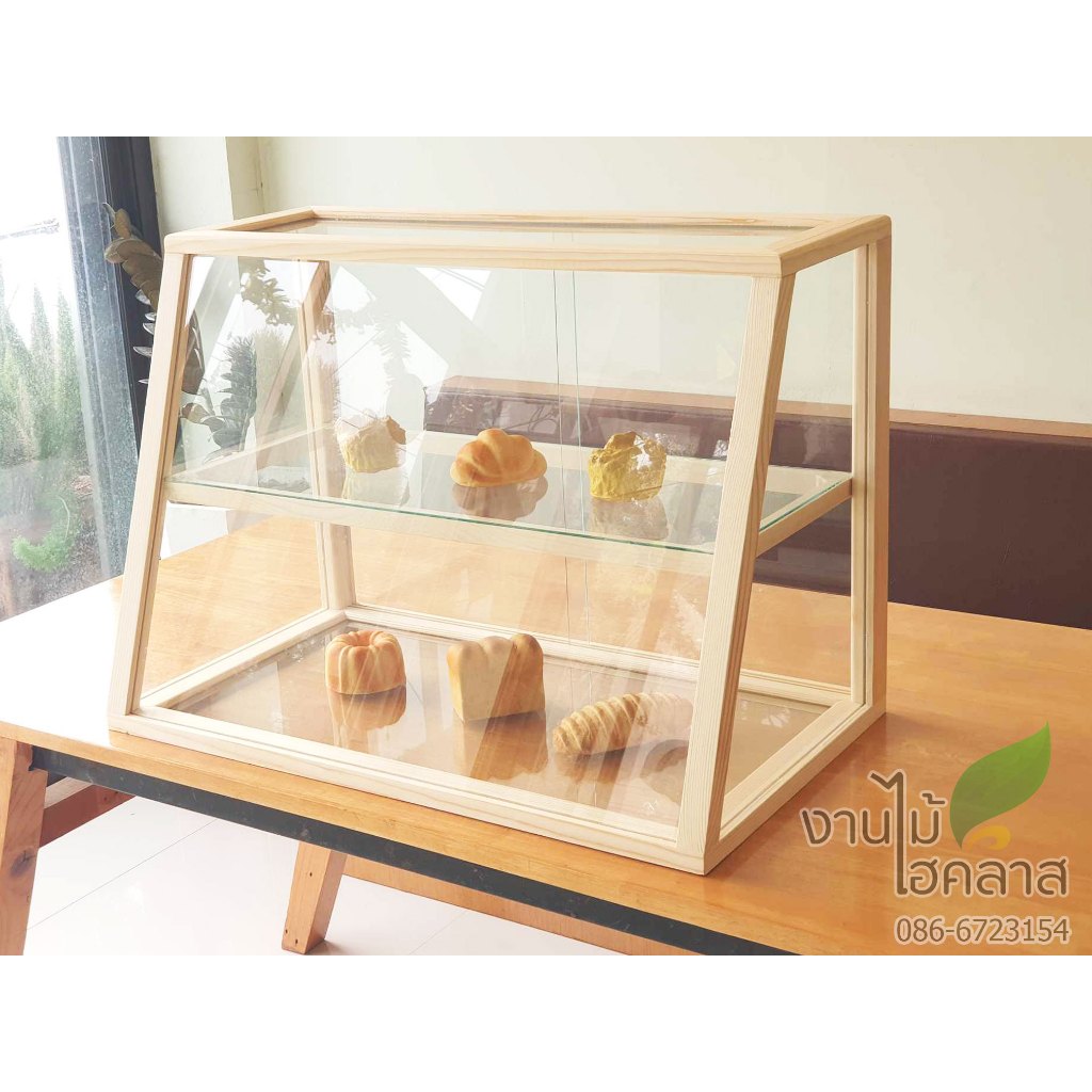 ตู้เบเกอรี่ ทรงสโลป คางหมู​ Size S ติดไฟ LED ชั้นบน ตู้​โชว์​ใส่อาหาร ตู้กระจก ​​ขายขนม ทรงมินิมอล