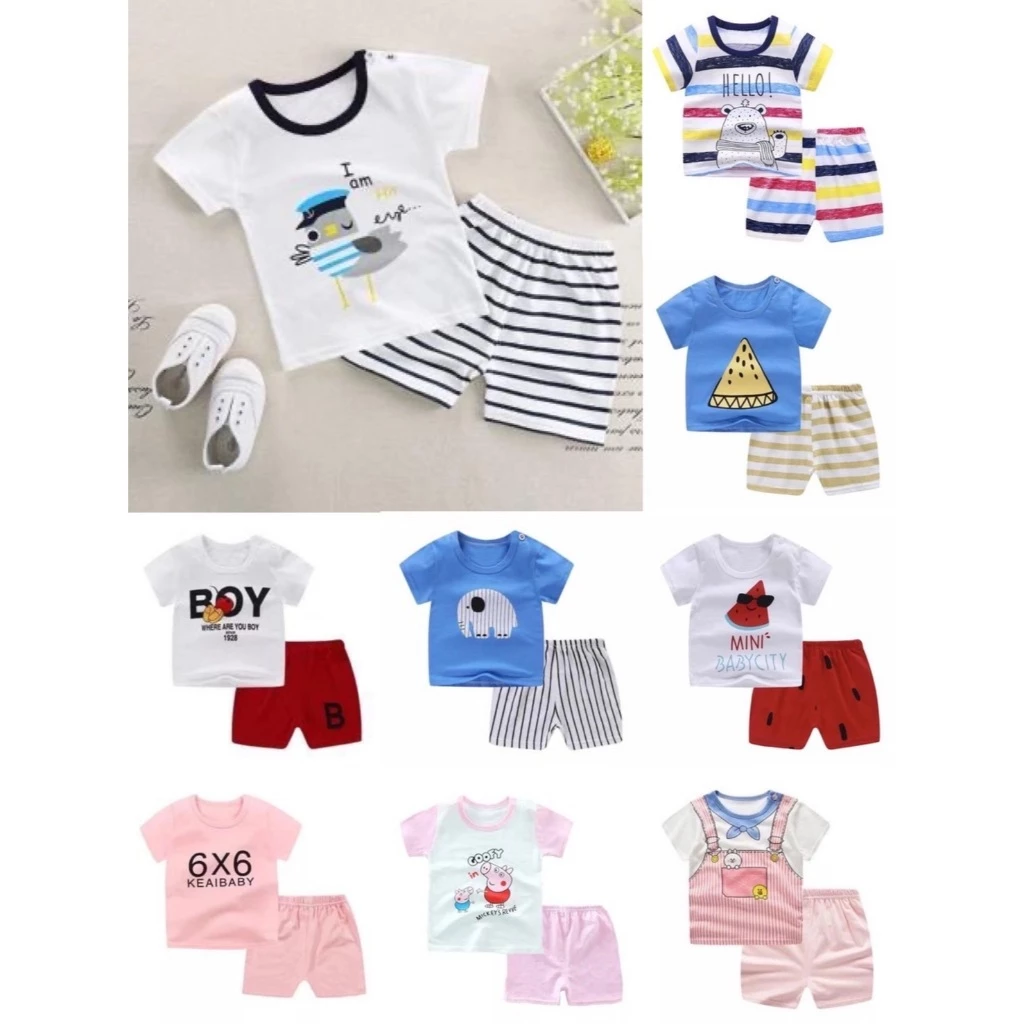 SALE ชุดเสื้อยืด คอกลม เสื้อผ้าผู้หญิง ผู้ชาย ชุดเซ็ตเสื้อแขนสั้น+กางเกงขาสั้น ชุดเด็กลายการ์ตูน น่ารักๆ ผ้า cotton