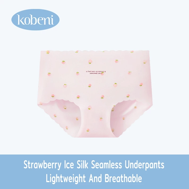 ⭐KOBENI⭐กางเกงใน กางเกงในไร้ขอบ ลายสตอเบอร์รี่ เอวกลาง ผ้าเรียบนุ่มลื่น ยืดหยุ่นดีมาก ผ้าเย็น Ice Silk สะโพก 31-42นิ้ว