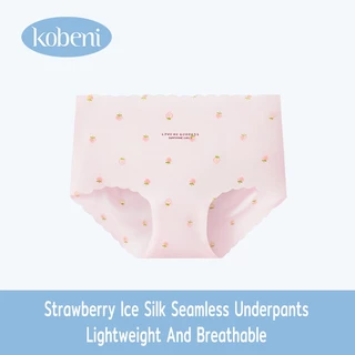 ⭐KOBENI⭐กางเกงใน กางเกงในไร้ขอบ ลายสตอเบอร์รี่ เอวกลาง ผ้าเรียบนุ่มลื่น ยืดหยุ่นดีมาก ผ้าเย็น Ice Silk สะโพก 31-42นิ้ว