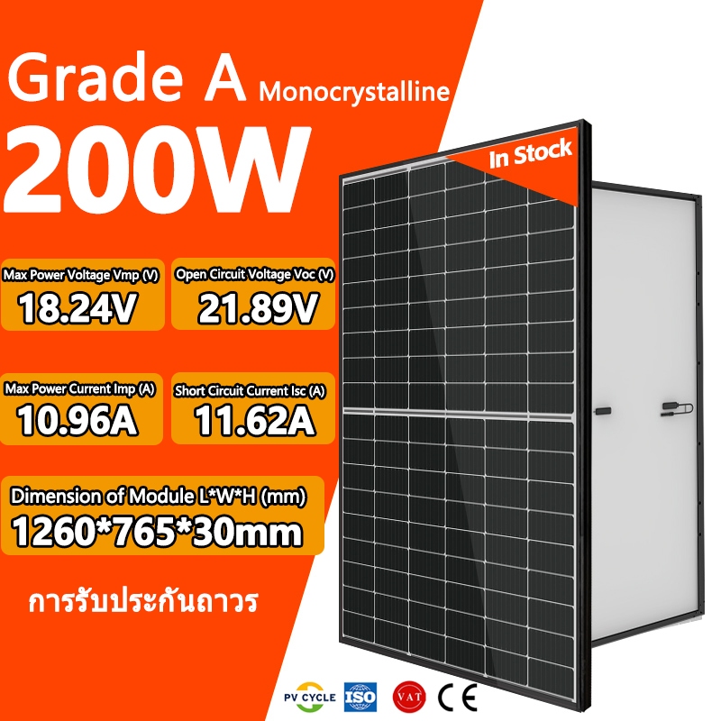 แผงโซล่าเซลล์ 200W 12BB Monocrystalline แผงโซล่า แผงพลังงานแสงอาทิตย์ พร้อมตัวเชื่อมต่อ MC4