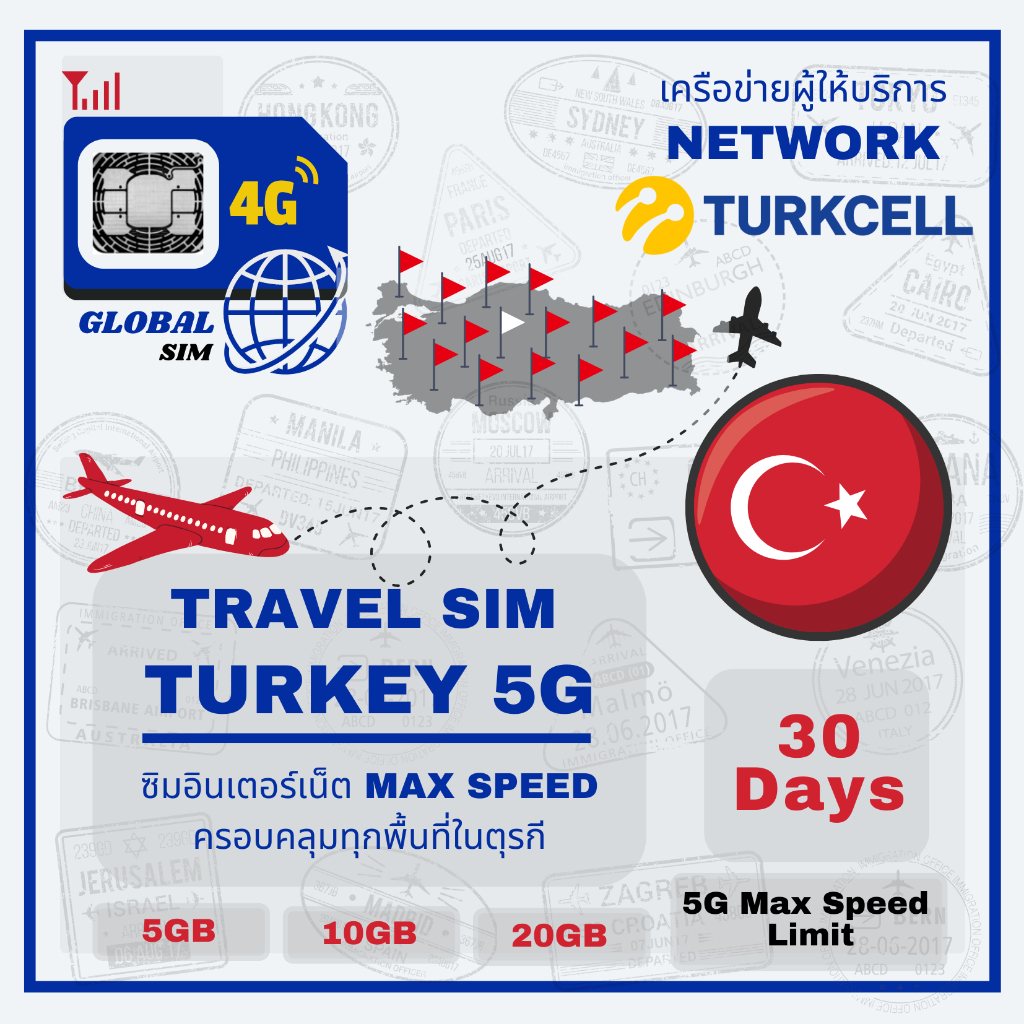 Turkey SIM ซิมตุรกี Turk Turkcell 30Days 5G Max speed (Total)