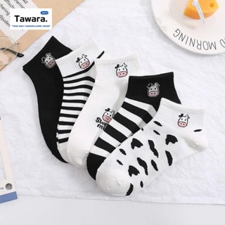 SK-067 ถุงเท้าข้อสั้น สีพื้น ขาว ดำ ลายน้องวัว แบบแฟชั่น มิน…