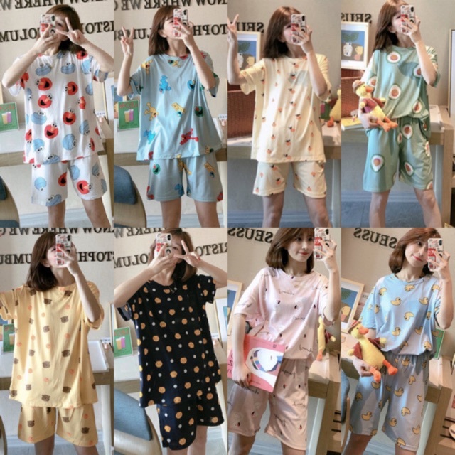ฟรีไซส์ ชุดนอน ชุดนอนคอกลม แขนขาสั้น ผ้าคอตตอน ผ้านิ่ม ใส่สบาย ลวดลายสวย พร้อมส่งในไทย