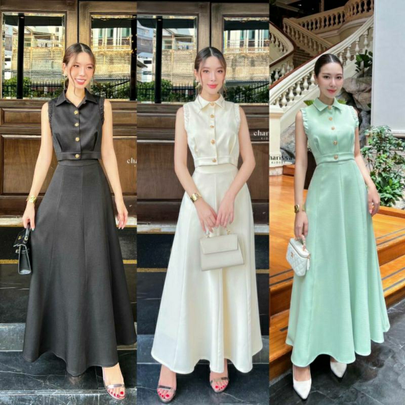 (S-XL)CHARISSA พร้อมส่ง ชุดเซ็ทเสื้อคอปกแขนกุด+กระโปรงยาวเข้าเซตผ้าเกรดพรีเมี่ยม กระดุมทองดอกไม้ มีซับในอย่างดี