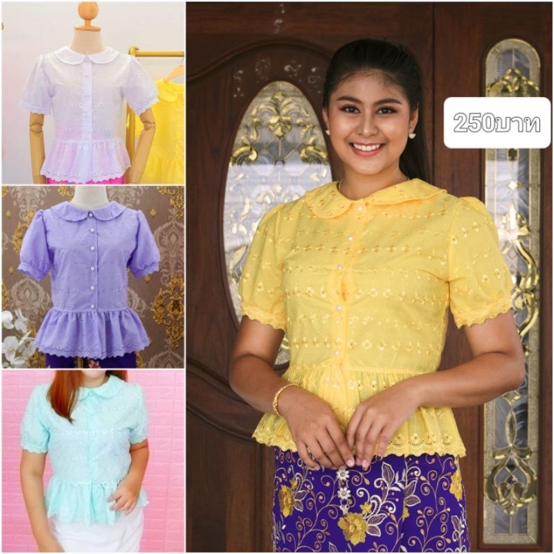 s-4xL เสื้อลูกไม้คอบัว เอวระบาย แขนสั้น ผ้าปักลาย