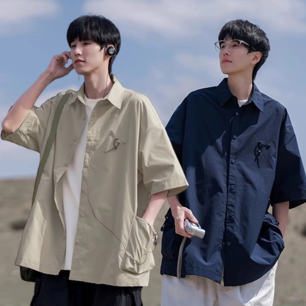 เสื้อเชิ้ตผู้ชาย เสื้อเชิ้ตแขนสั้น Oversize มีกระเป๋า3 เบา ทรงหลวม ลำลอง  สไตล์เกาหลี