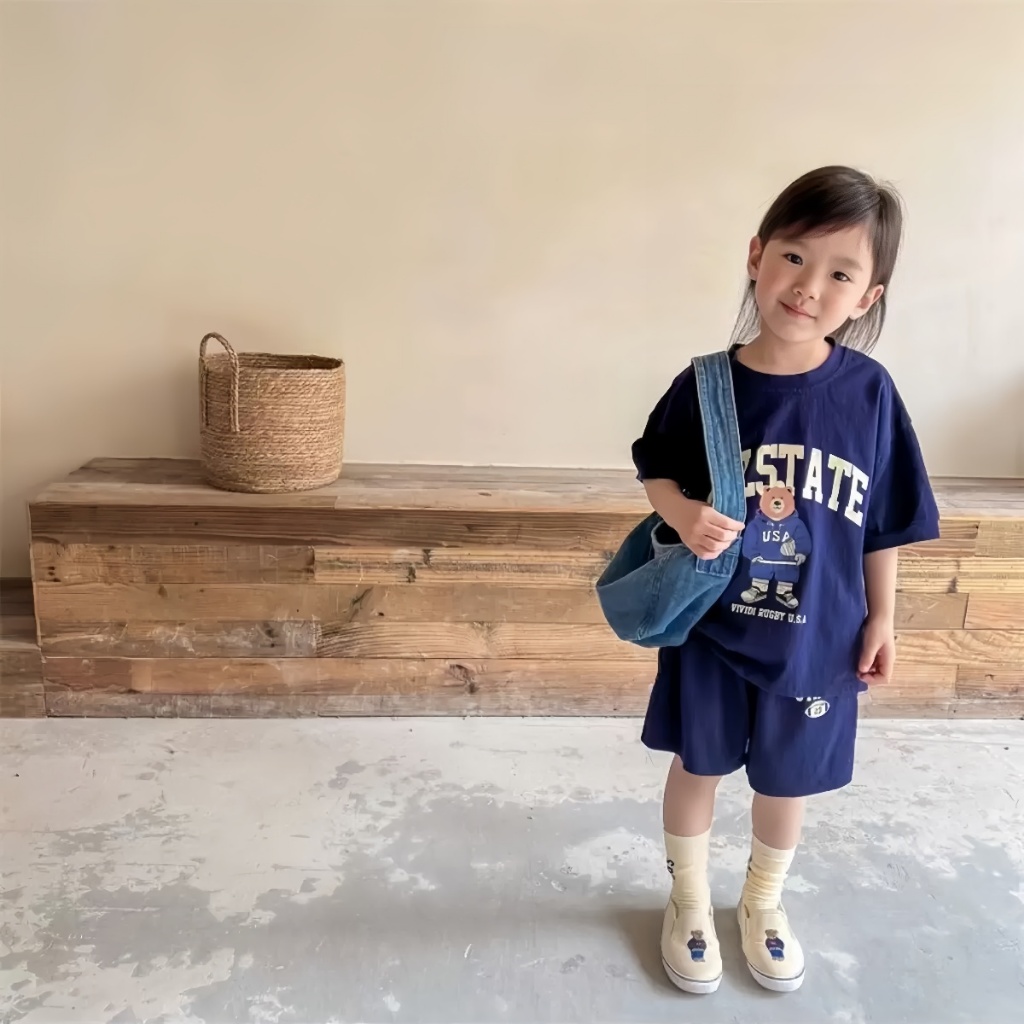 Beryl kids ชุดเซ็ทเด็กแฟชั่น ชุดสูทลําลองสําหรับเด็กฤดูร้อน พิมพ์ลายหมีน่ารัก ชุดสองชิ้น สไตล์เกาหลี ใส่สบาย ราคา ถูกที่สุด ดีลบีเคเค แกลเลอรีภาพที่ 3