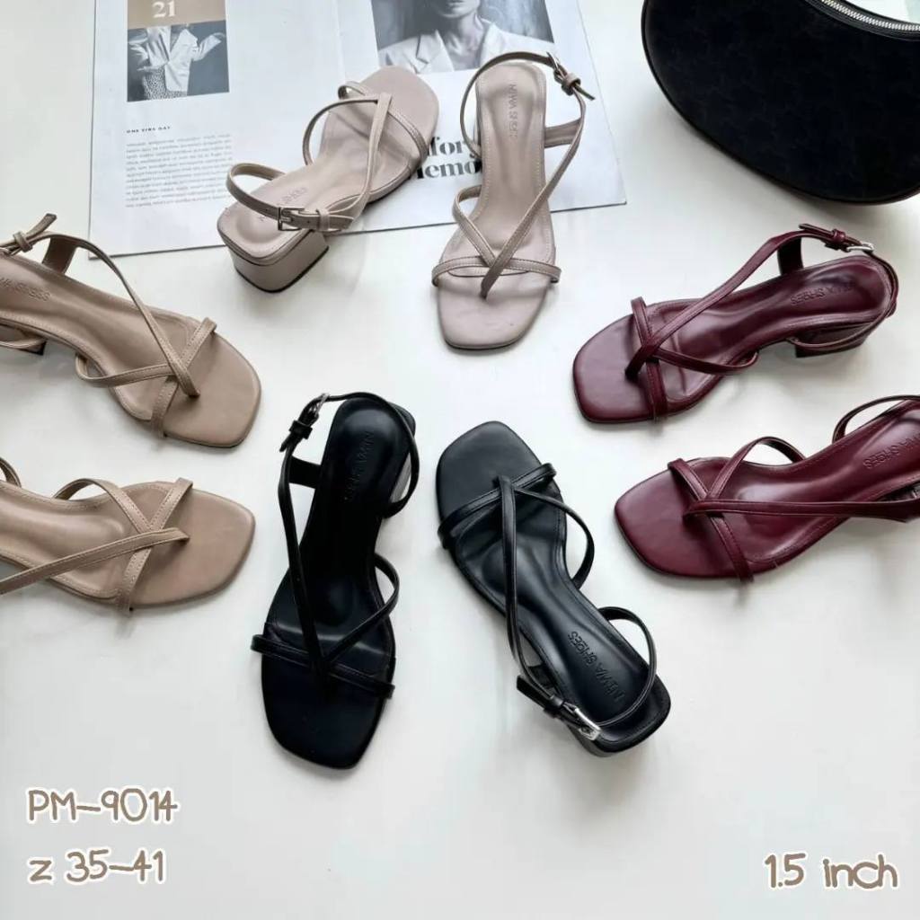 PM-9014 รองเท้าส้นสูงผู้หญิงแฟชั่นส้นตึก สูง1.5นิ้ว ดีเทลเป็นหูคีบสายรัดข้อนิ่ม หรูหราสุดๆNIWA SHOES