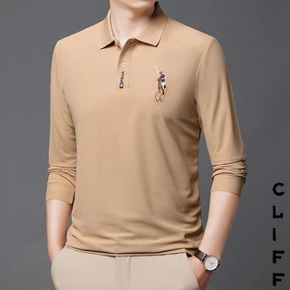 CLIFF -COD✅เสื้อโปโลผู้ชาย ลำลอง แบบหลวม เย็บปักถักร้อย เรียบง่าย เข้ารูป คอปกแขนยาว