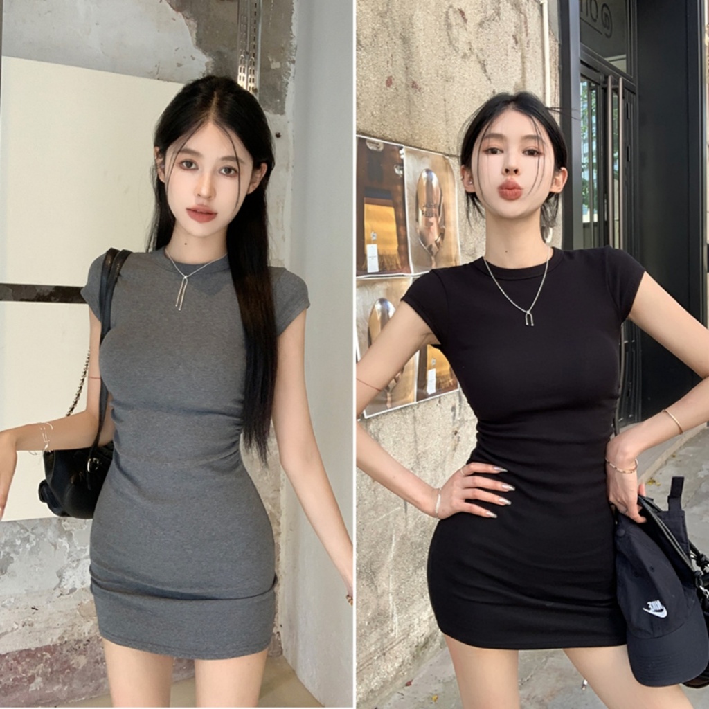cherryshop พร้อมส่ง ชุดเดรสสั้นผู้หญิง มินิเดรสเซ็กซี่ ผ้ายืดรูปทรงสวยๆ อ่อนโยนชุดสไตล์ แขนสั้นคอกลม – โปรปัง