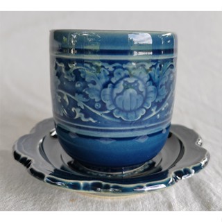 แก้ว พร้อมจานรอง สีน้ำเงิน ใช้เป็นแก้วชา หรือ แก้วกาแฟ เอสเพ…