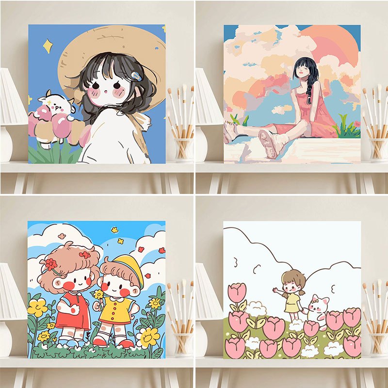 SANRIO จิตรกรรมดิจิตอล ภาพระบายสีตามตัวเลข ขนาด20X20 ซม ฝึกสมาธิ ของขวัญ DIY สำหรับตกแต่งบ้าน