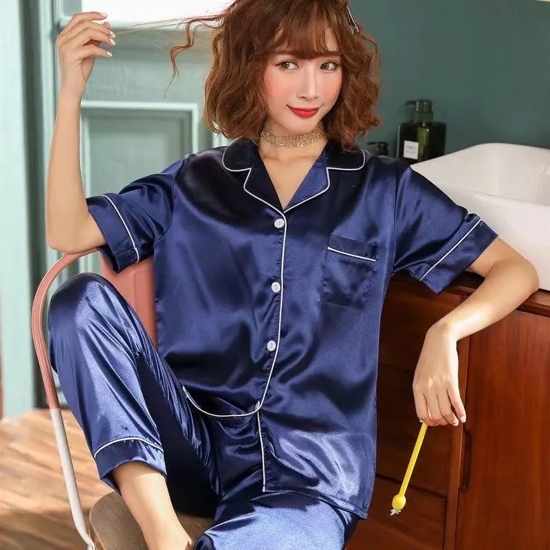 P6666 ชุดนอนสำหรับสตรีคอปกเสื้อแขนสั้นกางเกงขายาว เสื้อพร้อมกางเกงเนื้อผ้าบางระบายอากาศ (แนะนำในสั่ง