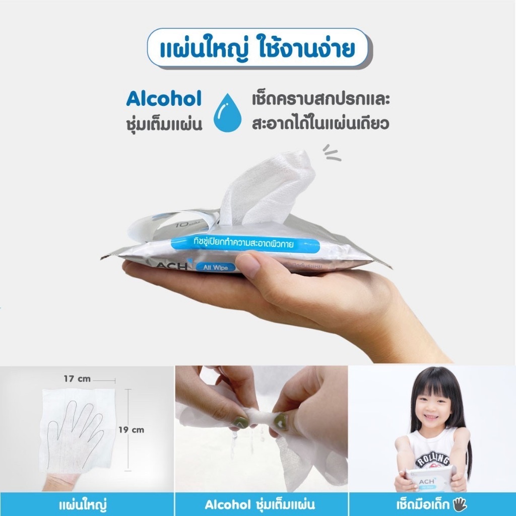 ACH ทิชชู่เปียกทำความสะอาดมือ Food grade แอลกอฮอล์75%