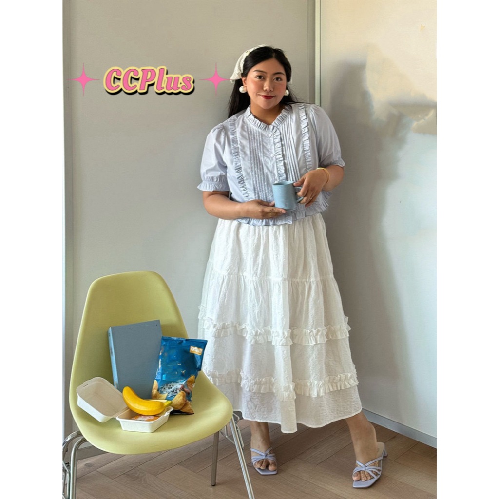 CiCi Plus+ (707) กระโปรงยาว แต่งระบายสองตอน เอวสม็อค มีซับใน สไตล์สาวหวาน