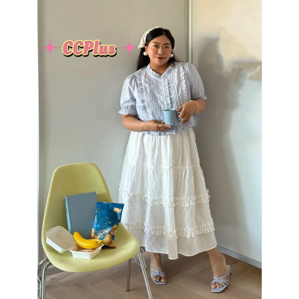 CiCi Plus+ (707) กระโปรงยาว แต่งระบายสองตอน เอวสม็อค มีซับใน สไตล์สาวหวาน