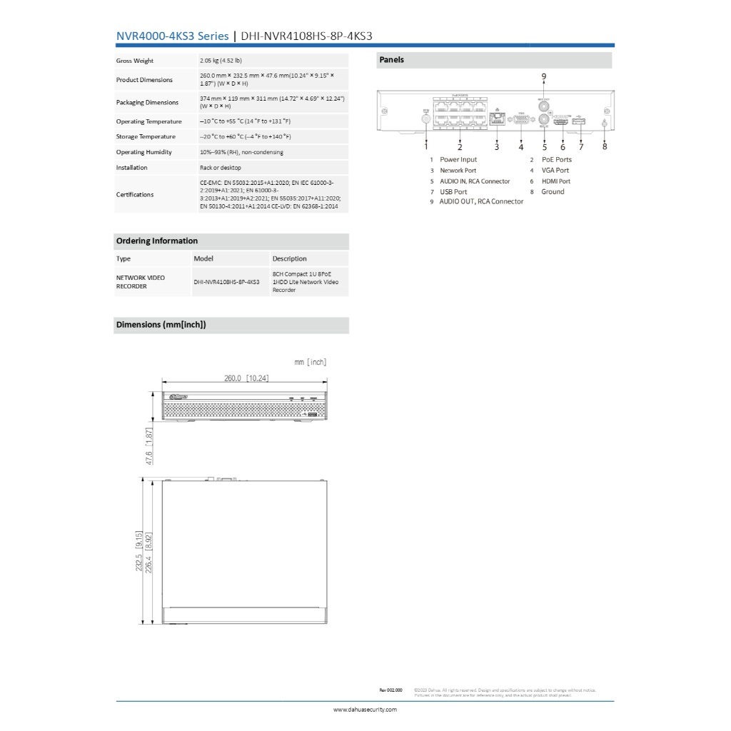 Dahua เครื่องบันทึกกล้องวงจรปิด 8CH รุ่น NVR4108HS-8P-4KS3