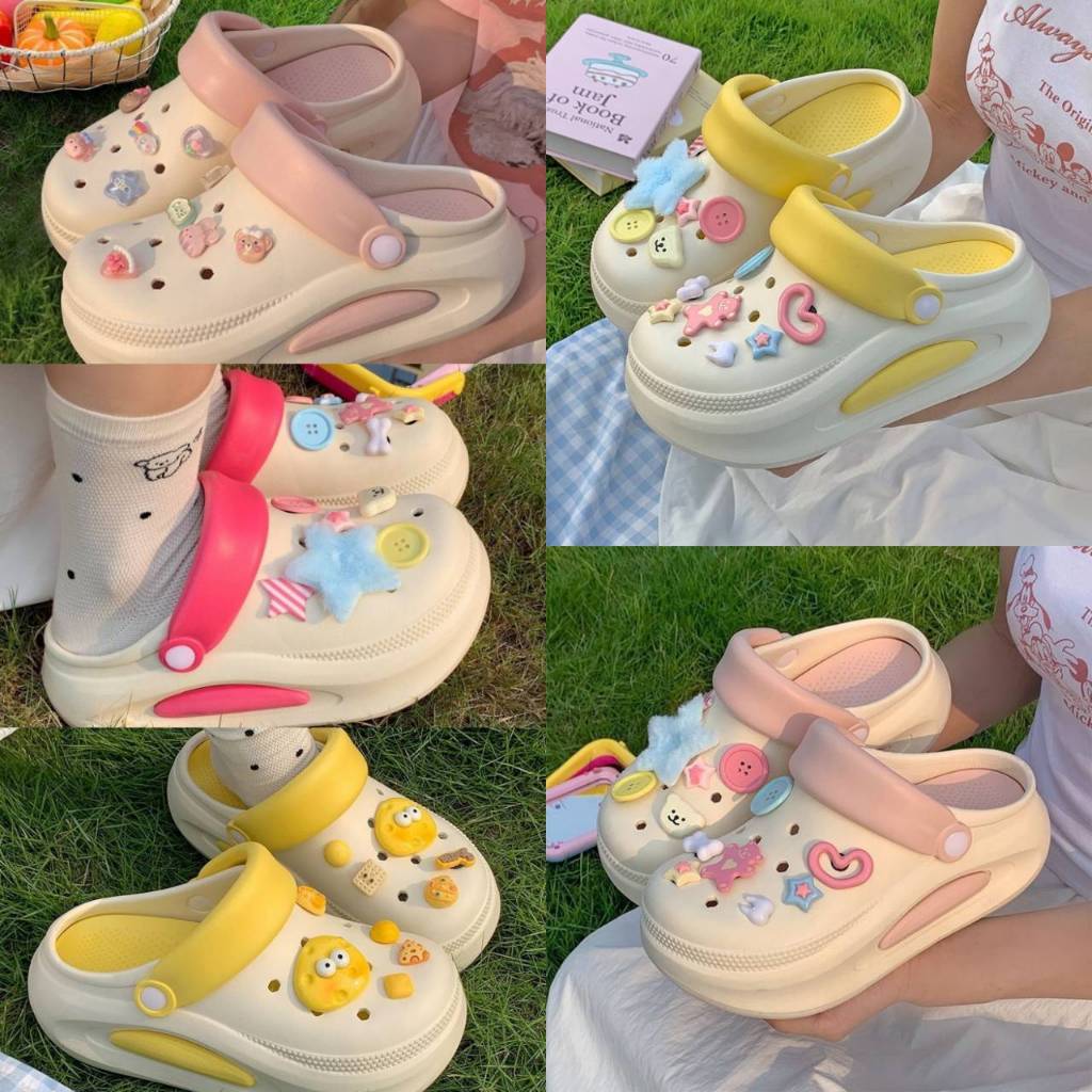 XZ010 / XZ011 รองเท้าหัวโต / รองเท้าผ้าใบ คุณภาพ PVC แถมตัวติดน่ารัก มีสายรัดส้น สีทูโทนพาสเทล ใส่สบาย