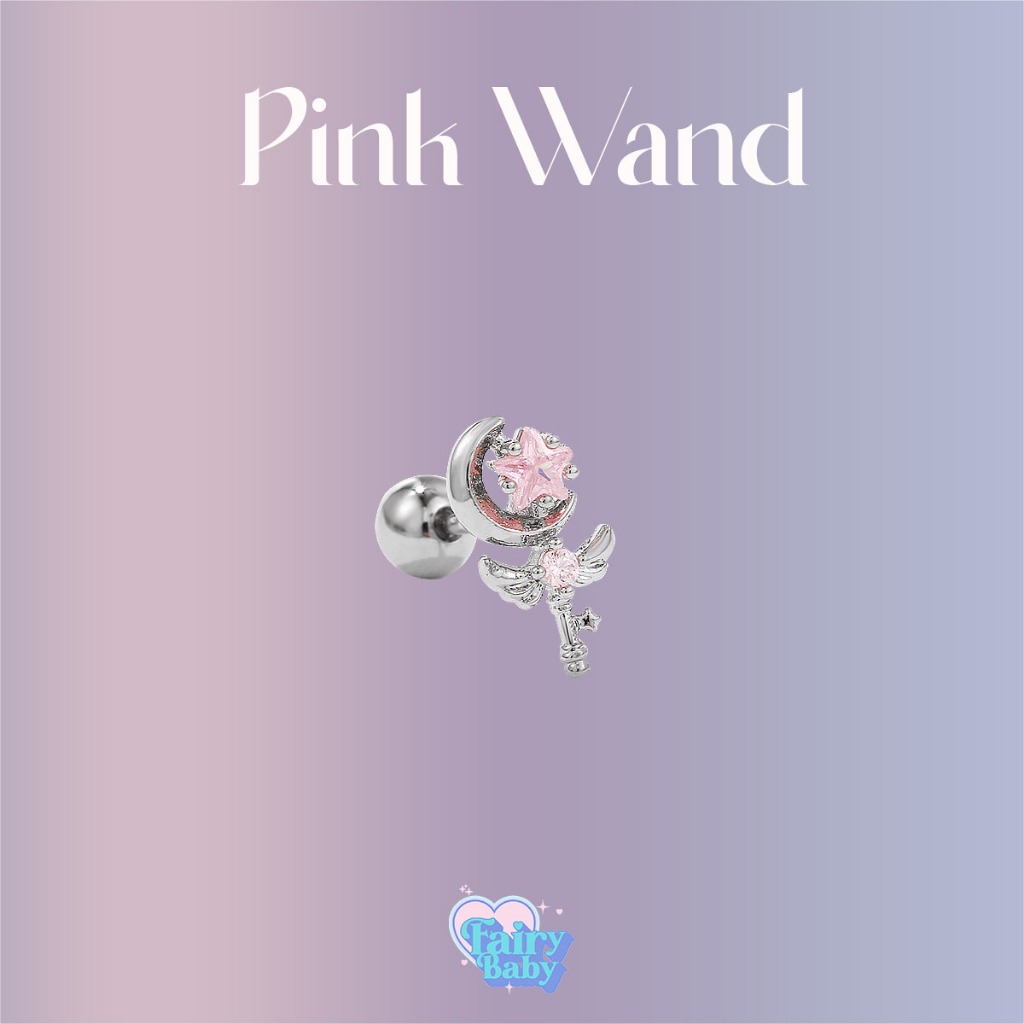 Fairybaby จิว Pink Wand (1ชิ้น) จิวหู คฑาพระจันทร์เสี้ยวมีปีก ดวงดาว โทนสีชมพู (J1-130)