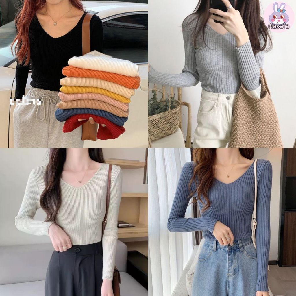 SP-1 เสื้อไหมพรม เสื้อแฟชั่นแขนยาว คอวี สำหรับผู้หญิง ผ้ายืดมาก พร้อมส่ง 15 สี