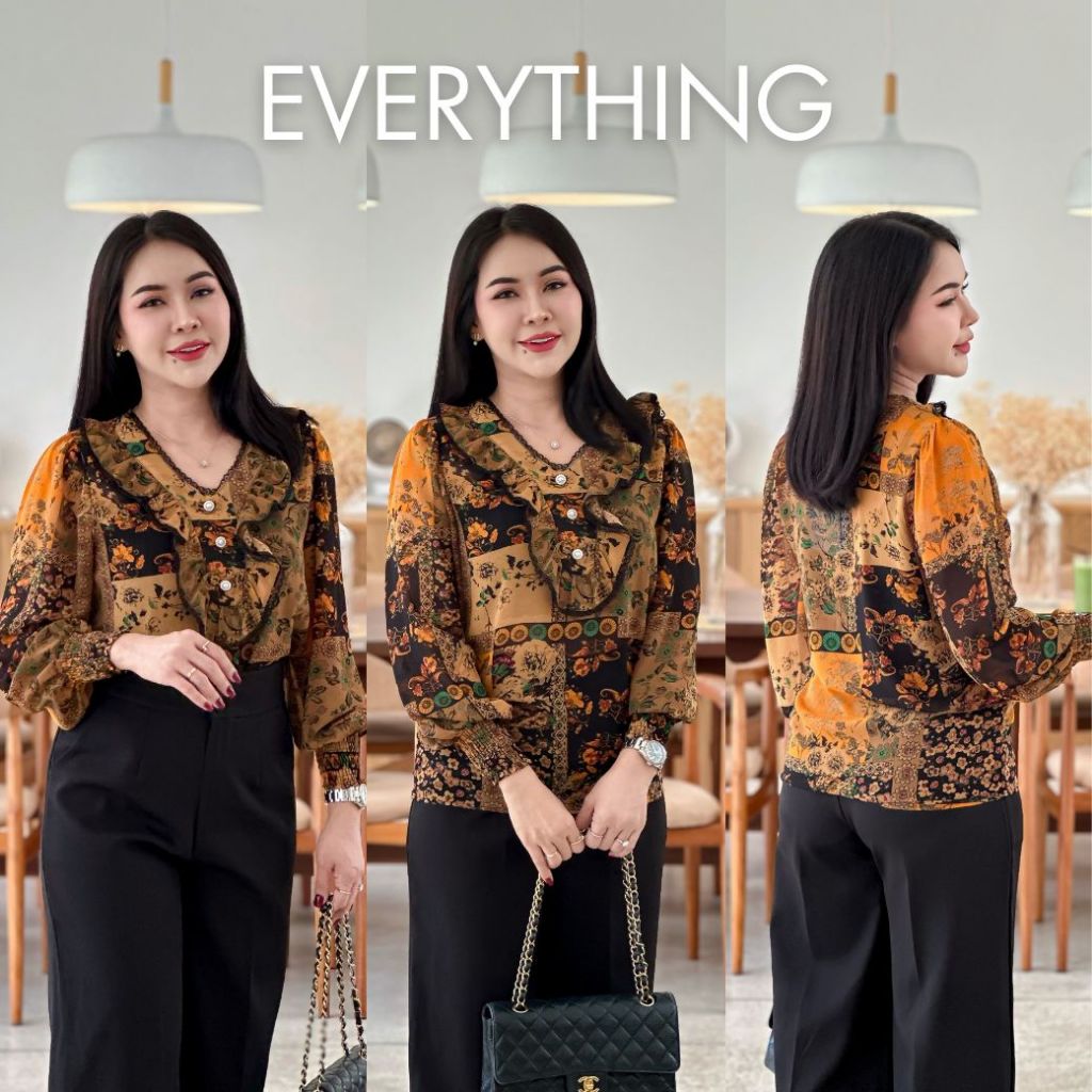 Everything2019 เสื้อคอวีแต่งระบาย แต่งกระดุมมุก ปลายแขนจั้ม ลายสวย ใส่สบายไม่ร้อน เสื้อทำงานผู้หญิง (6218)