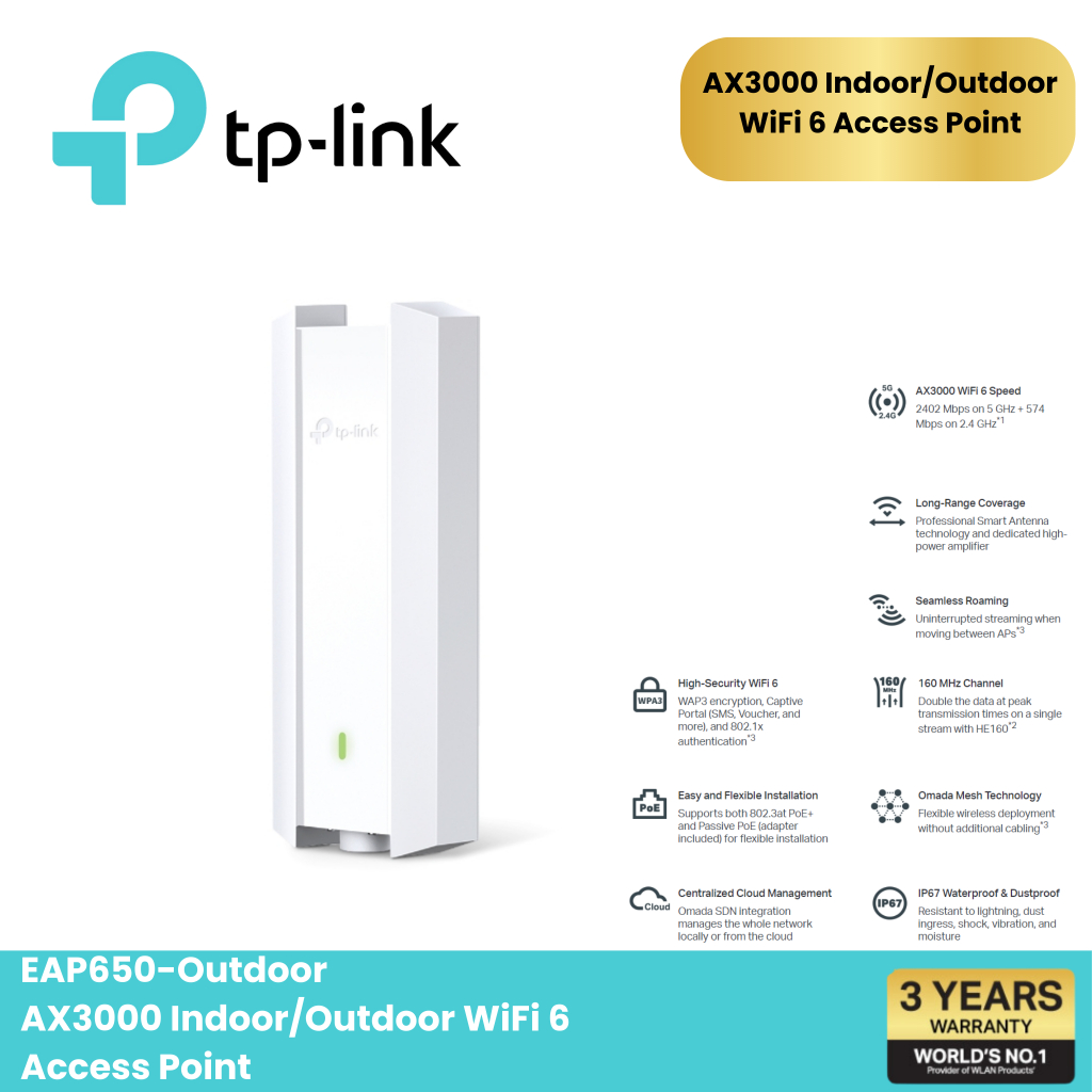 TP-LINK EAP650-Outdoor AX3000 Indoor/Outdoor WiFi 6 Access Point ตัวขยายสัญญาณ WIFI 6