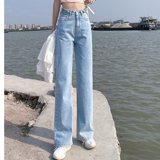 Vincy Jeans-กางเกงยีนส์ขากว้างเอวสูงหญิง รุ่นซับยาวขาตรงสไตล์เรโทรทรงเข้ารูปเข้าทุกสไตล์