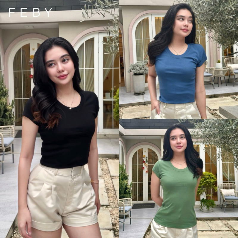 FEBY เสื้อยืดผู้หญิง T-SHIRT คอแก้วไวน์ แขนเต่อ