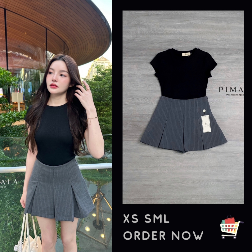 ❥XS-L รุ่นยอดฮิต ชุดเซ็ท งานตามหา เซ็ตเสื้อยืดสีดำ + กระโปรงสั้น งานป้าย Pimala ชุดไปคาเฟ่ ชุดน่ารัก
