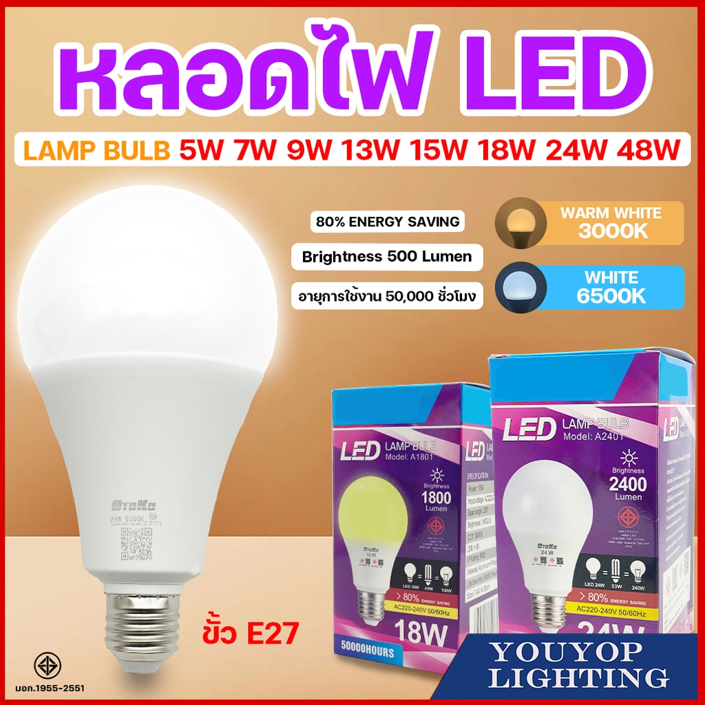 หลอดไฟ LED 5w 7w 9w 13w 15w 18w 24W OTOKO มอก. แสงสีขาว/วอร์มไวท์ LED lamp bulb ขั้ว E27 ทนทาน สว่าง