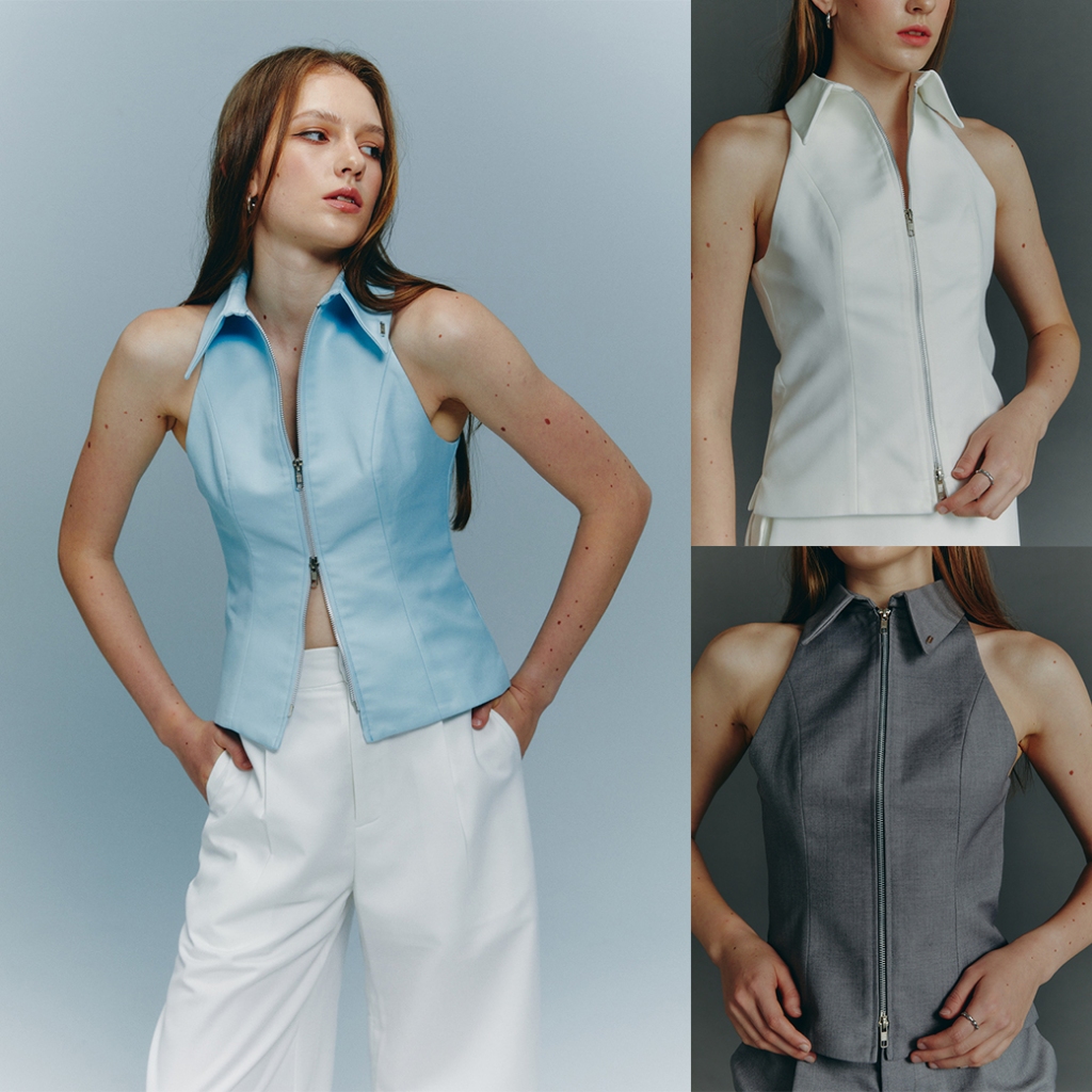 STUDIO UNKNOWN - Lana Zipper Shirt เสื้อแขนกุดคอปก ตกแต่งซิปหน้า