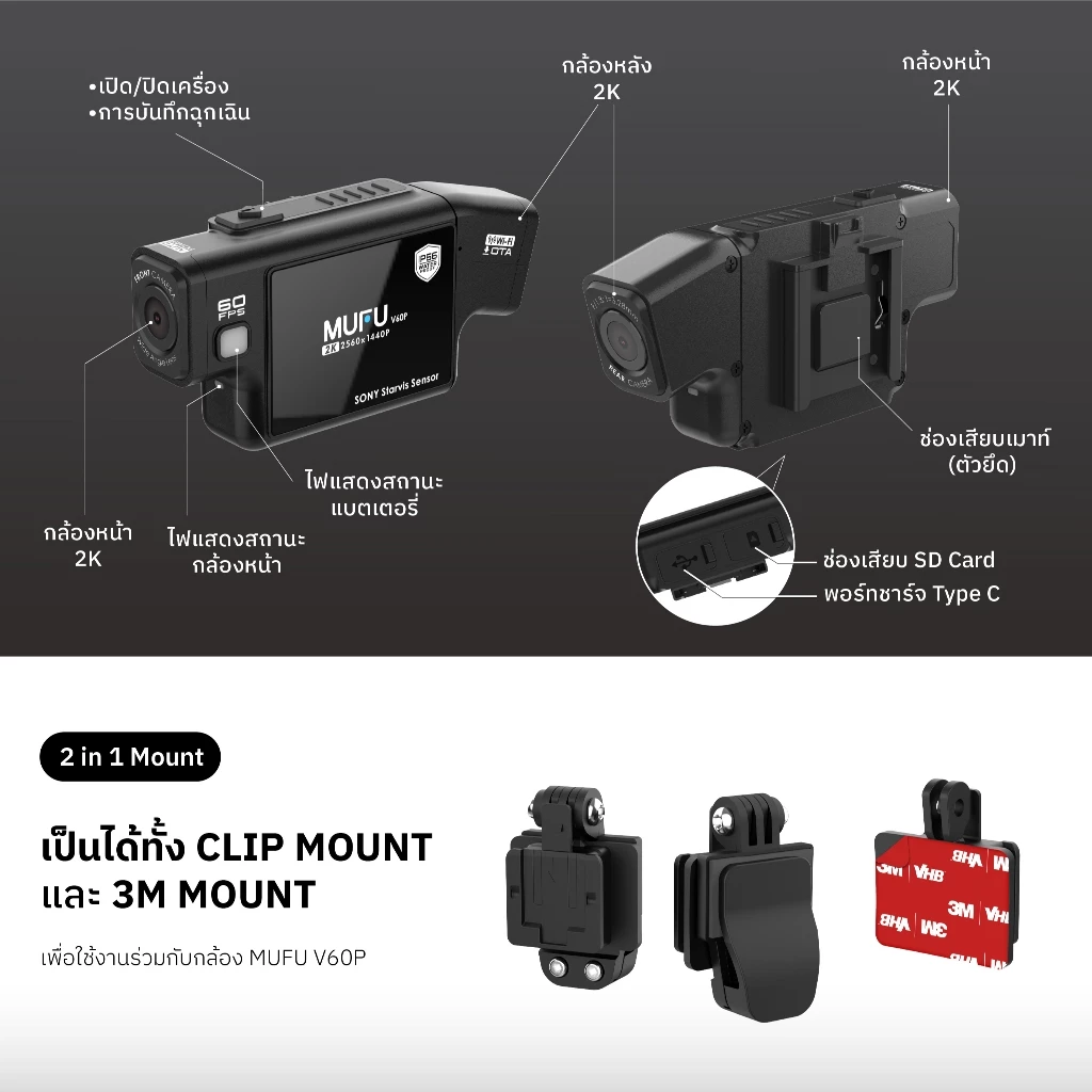 MUFU V60P กล้องติดหมวกกันน็อค 2K SONY Starvis WiFi กล้องบันทึกฉุกเฉิน กันน้ำIP66 รับประกันสินค้า1 ปี thumbnail 7